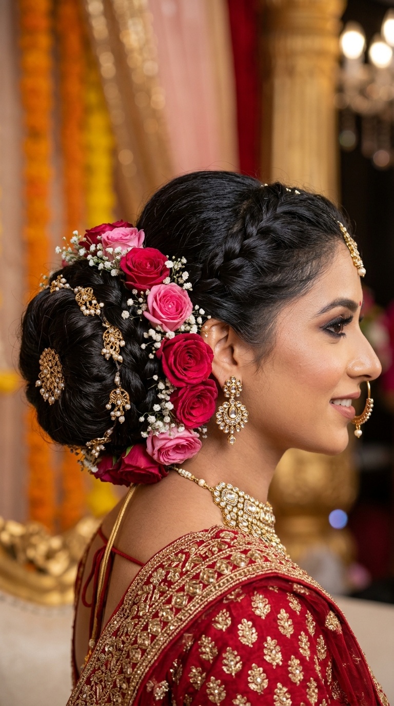 Rose-Adorned Donut Bun for a Bold Look