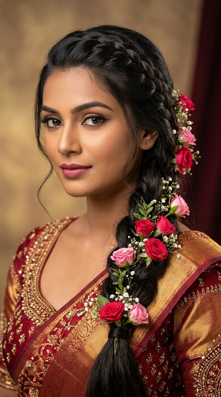 Rose-Adorned French Braid