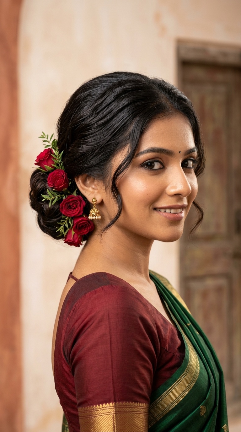Rose-Adorned Low Bun