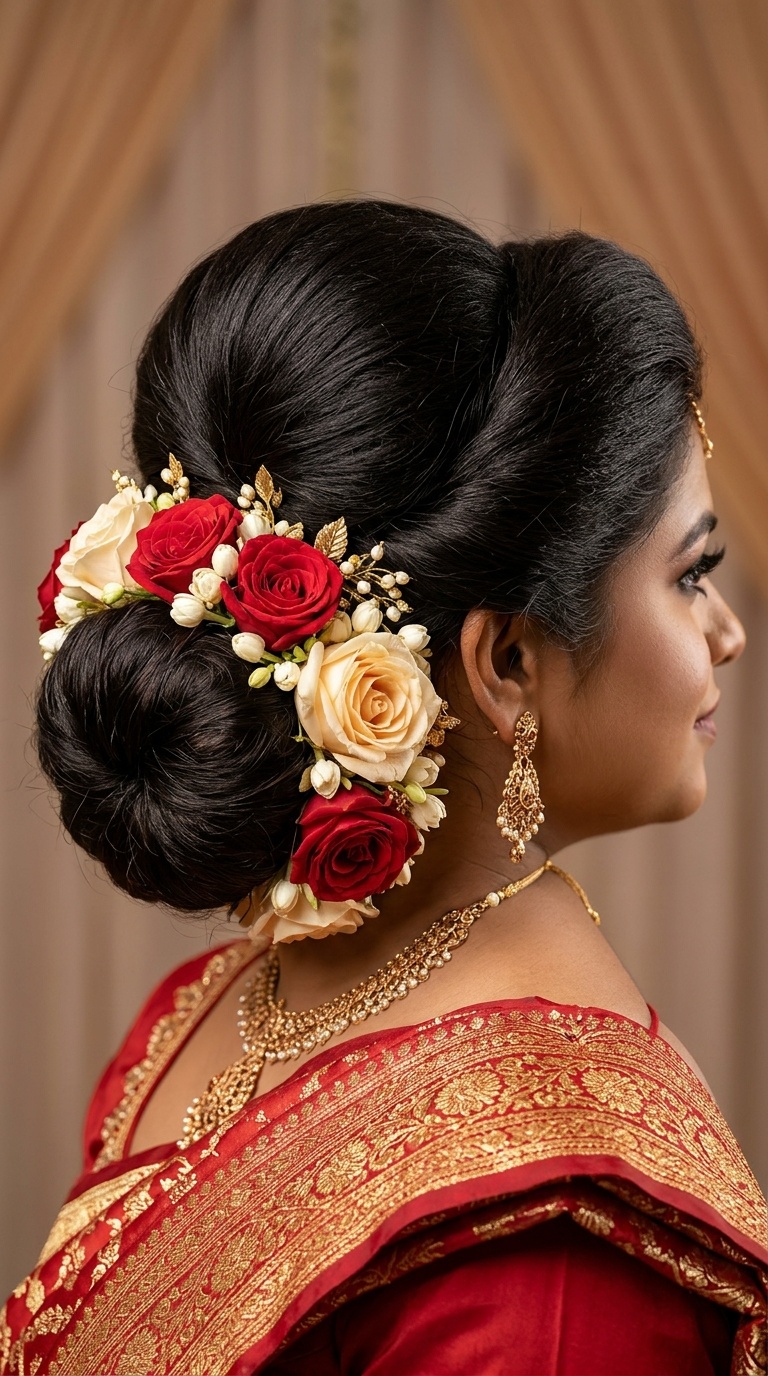 Rose-Adorned Low Bun with Structured Pouf