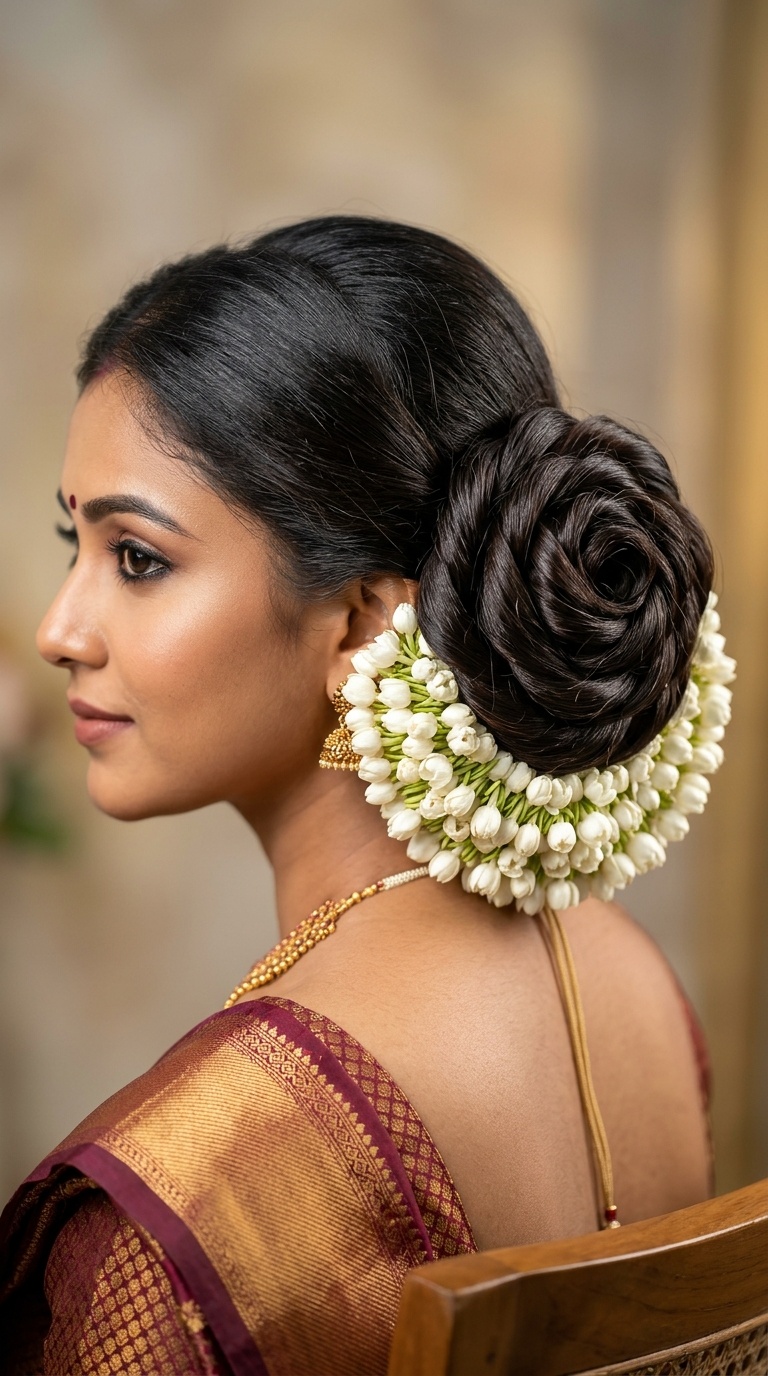 Rose-Shaped Hair Bun with Gajra Base