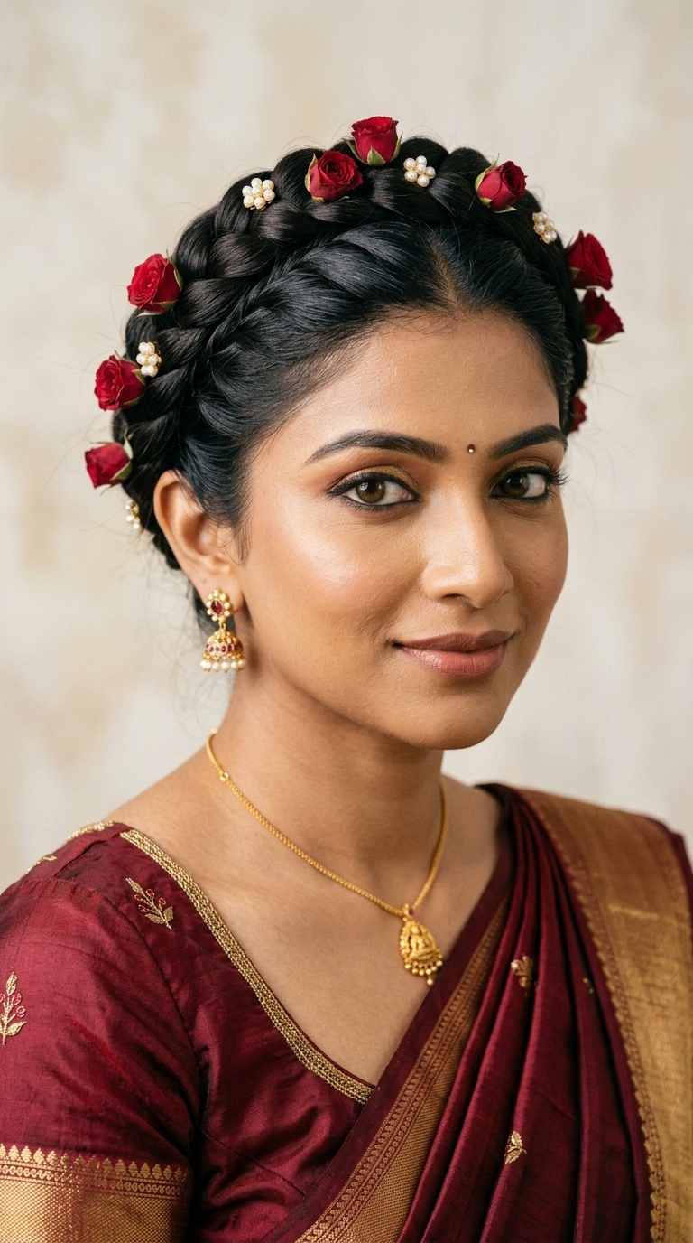 Rosebud-Studded Crown Braid