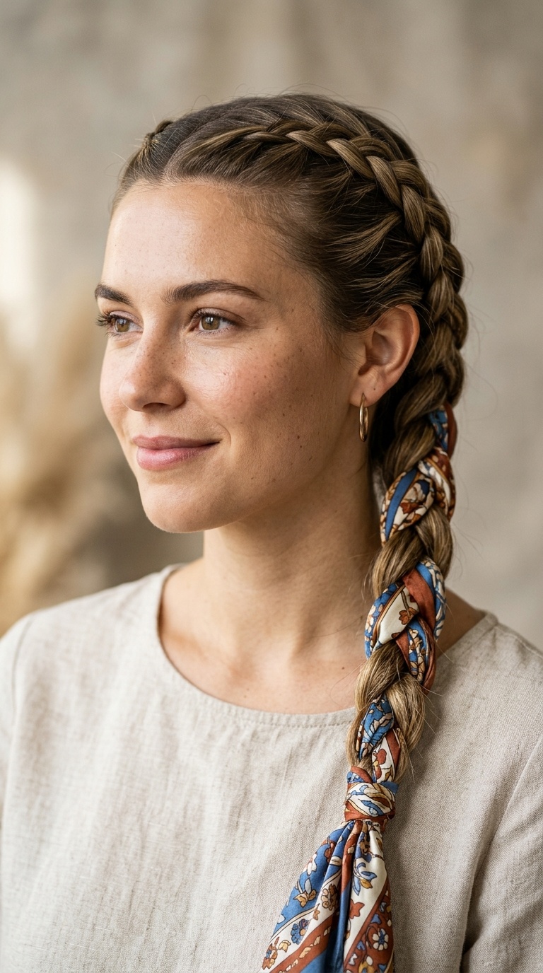 Scarf-Wrapped French Braid