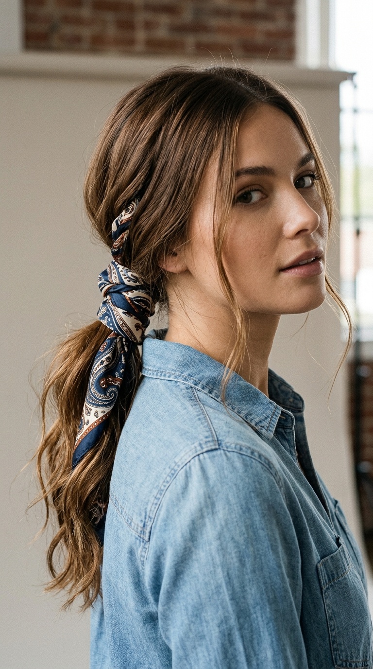 Scarf-Wrapped Low Ponytail