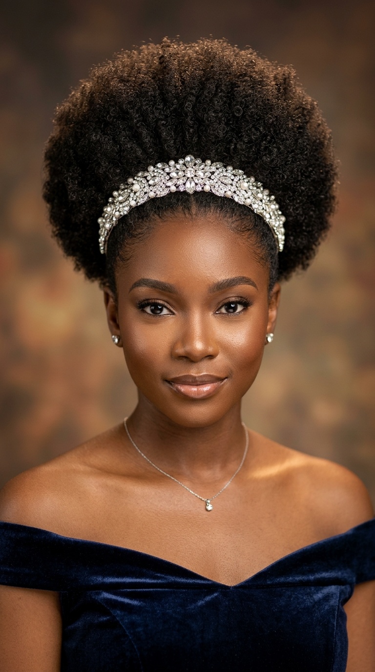 Sculpted Afro Puff with a Jeweled Headband
