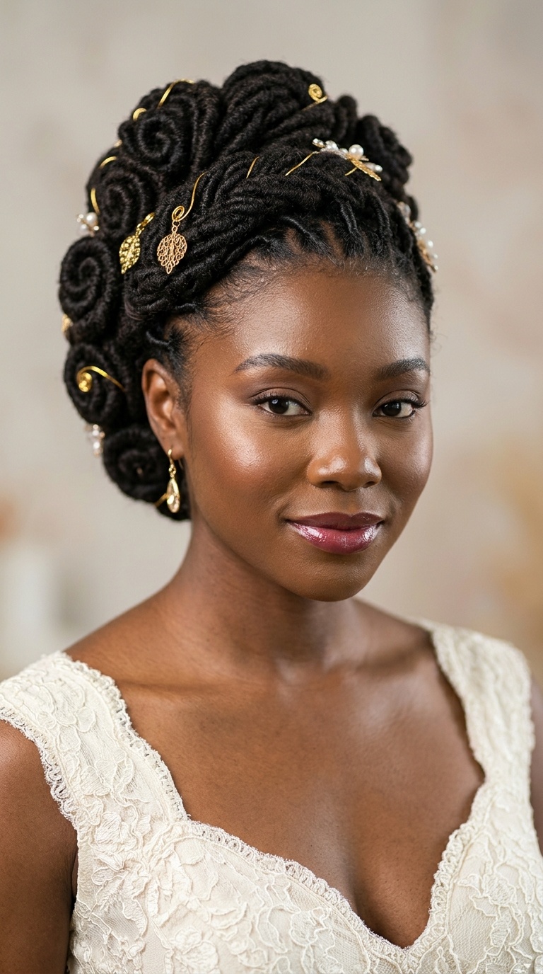 Sculpted Loc Updo with Gold Accents