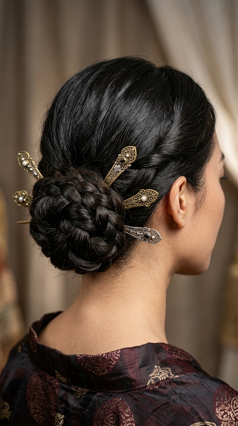 Sculpted Low Chignon with Metallic Pins
