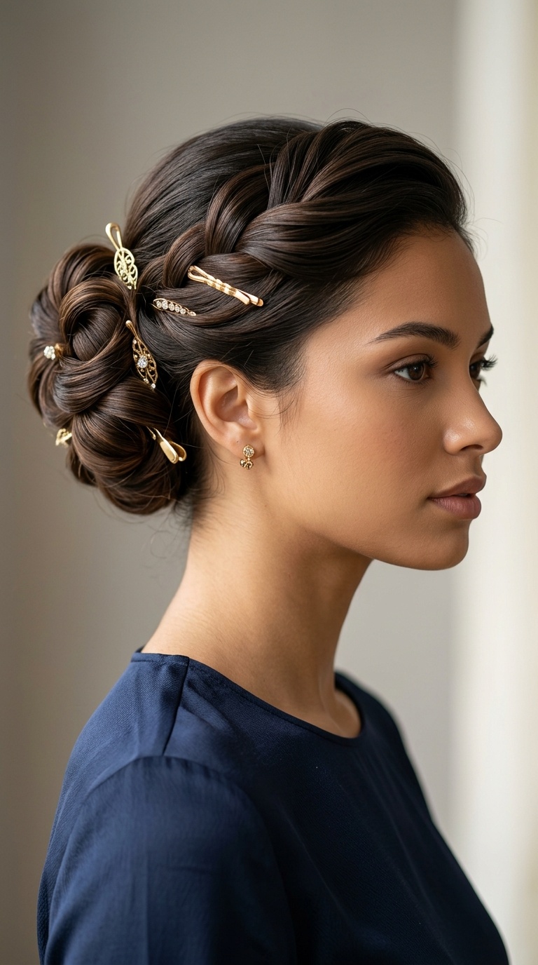 Sculpted Shell Bun with Gold Pins