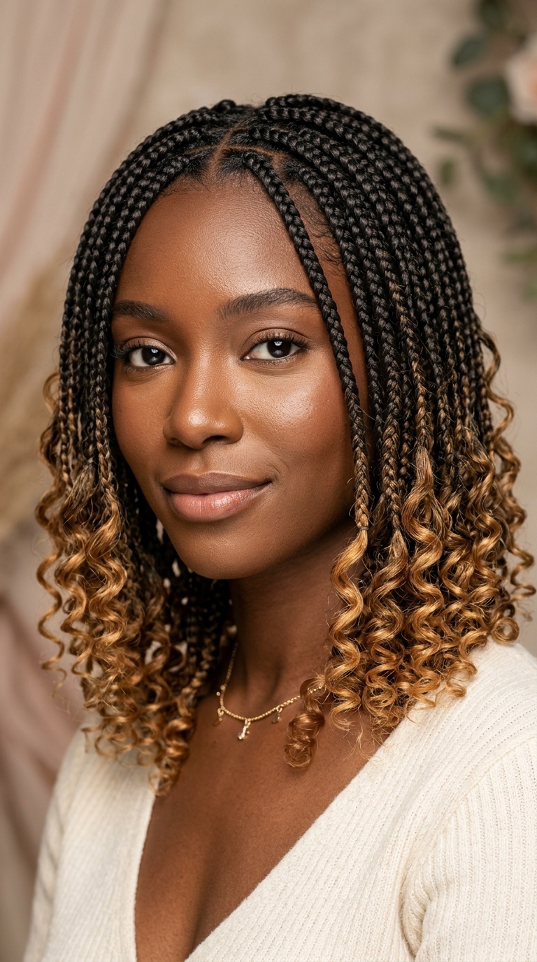 Short Box Braids with Ombre Curly Tips