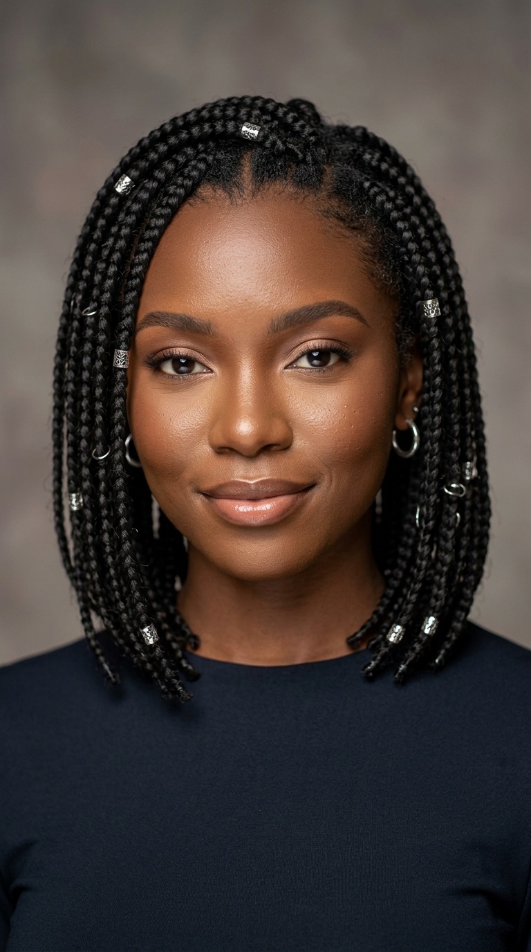 Short Box Braids with Silver Cuffs