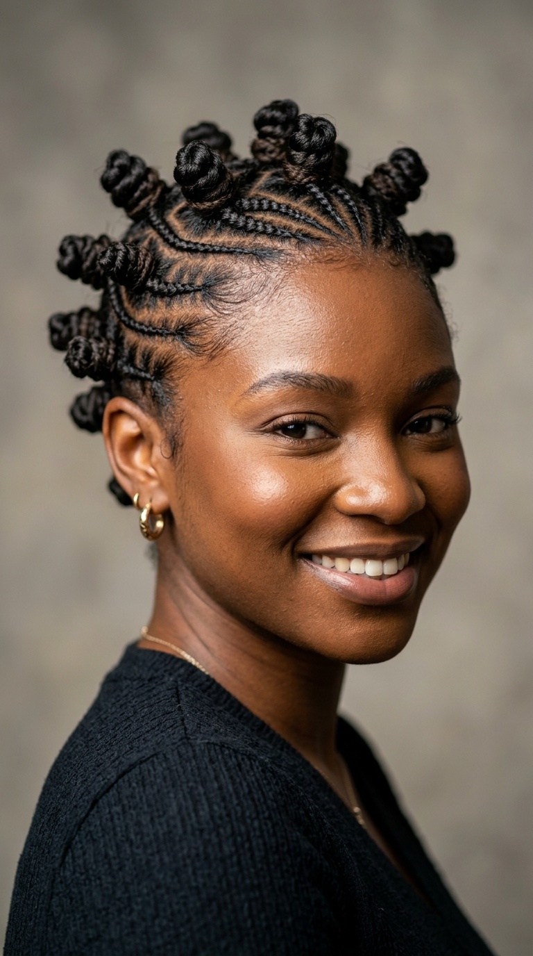 Short Cornrow Updo with Bantu Knots
