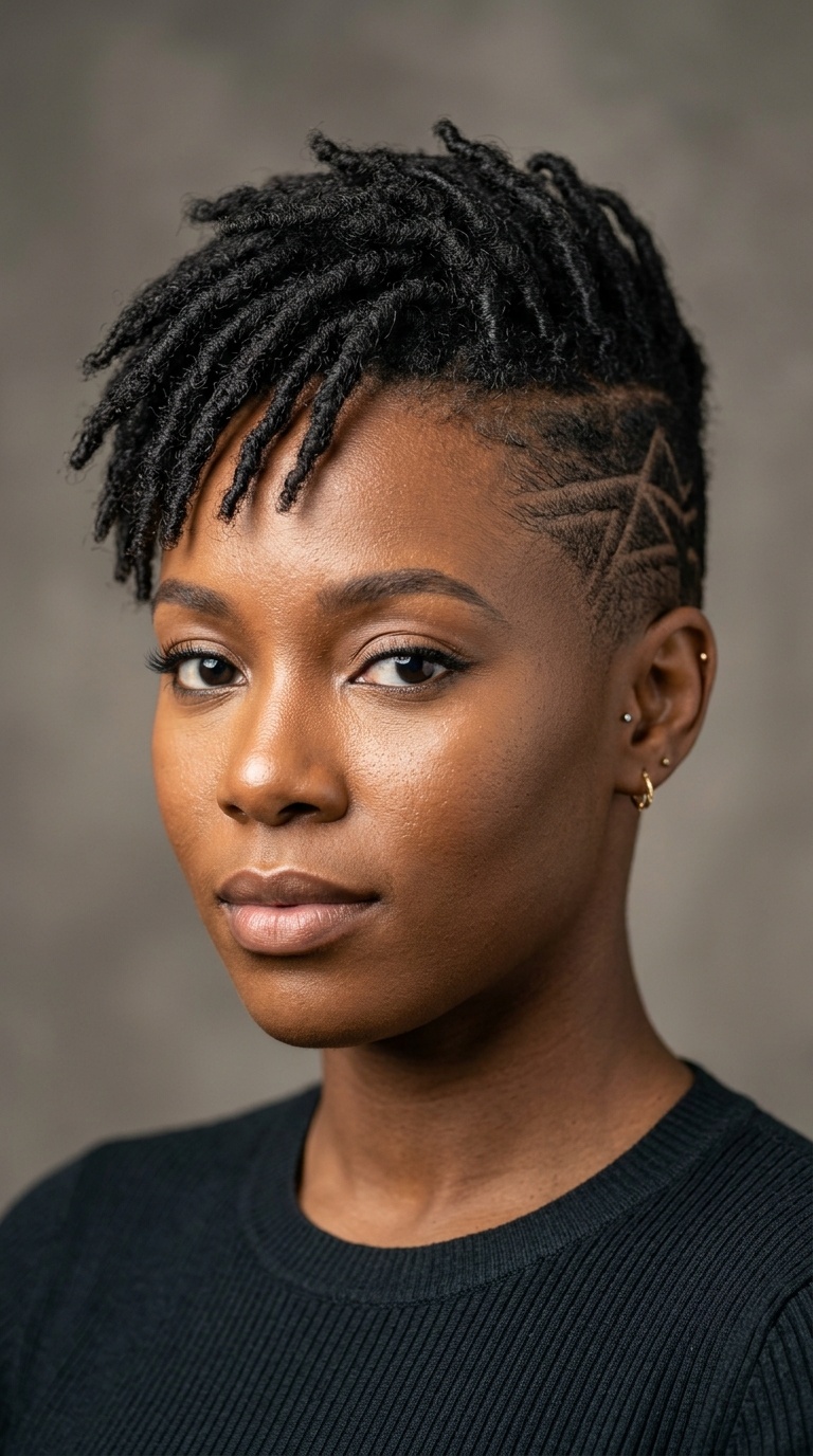 Short Locs with Shaved Sides and Geometric Designs