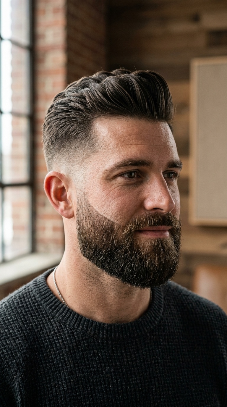 Short Quiff with Drop Fade and Full Beard