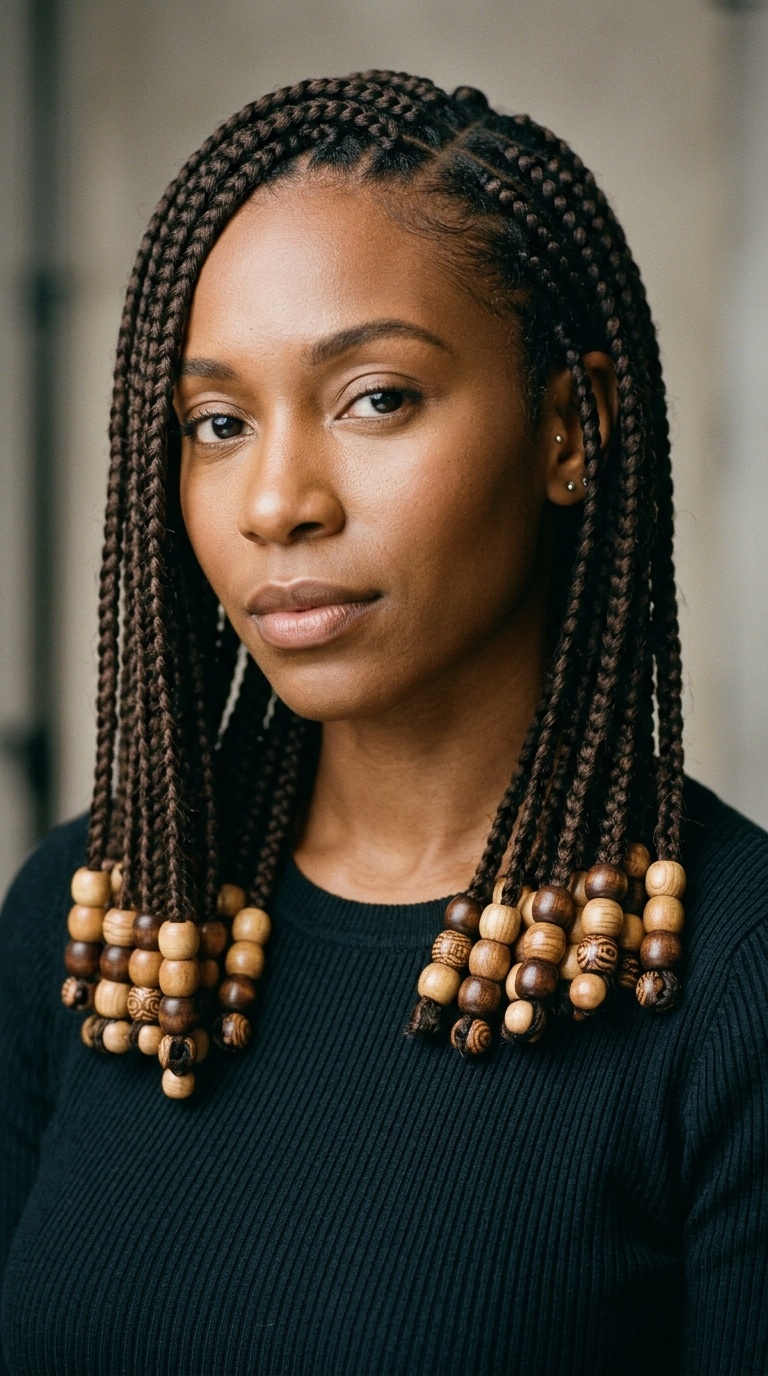 Shoulder-Length Box Braids with Wooden Beads