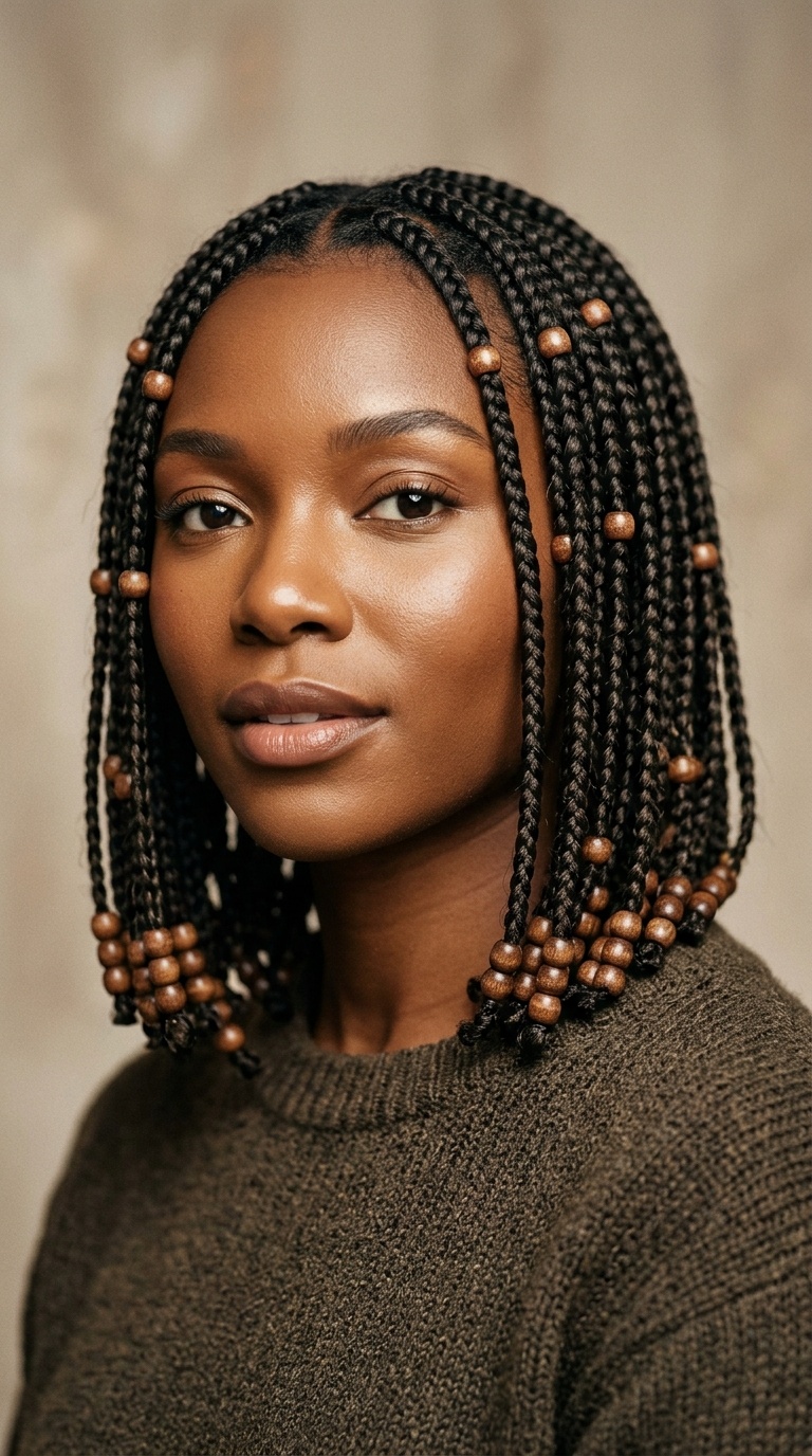Shoulder-Length Braided Bob with Wooden Ends