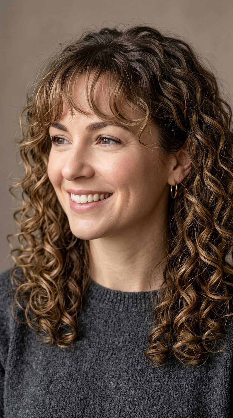 Shoulder-Length Curls with Airy Bangs
