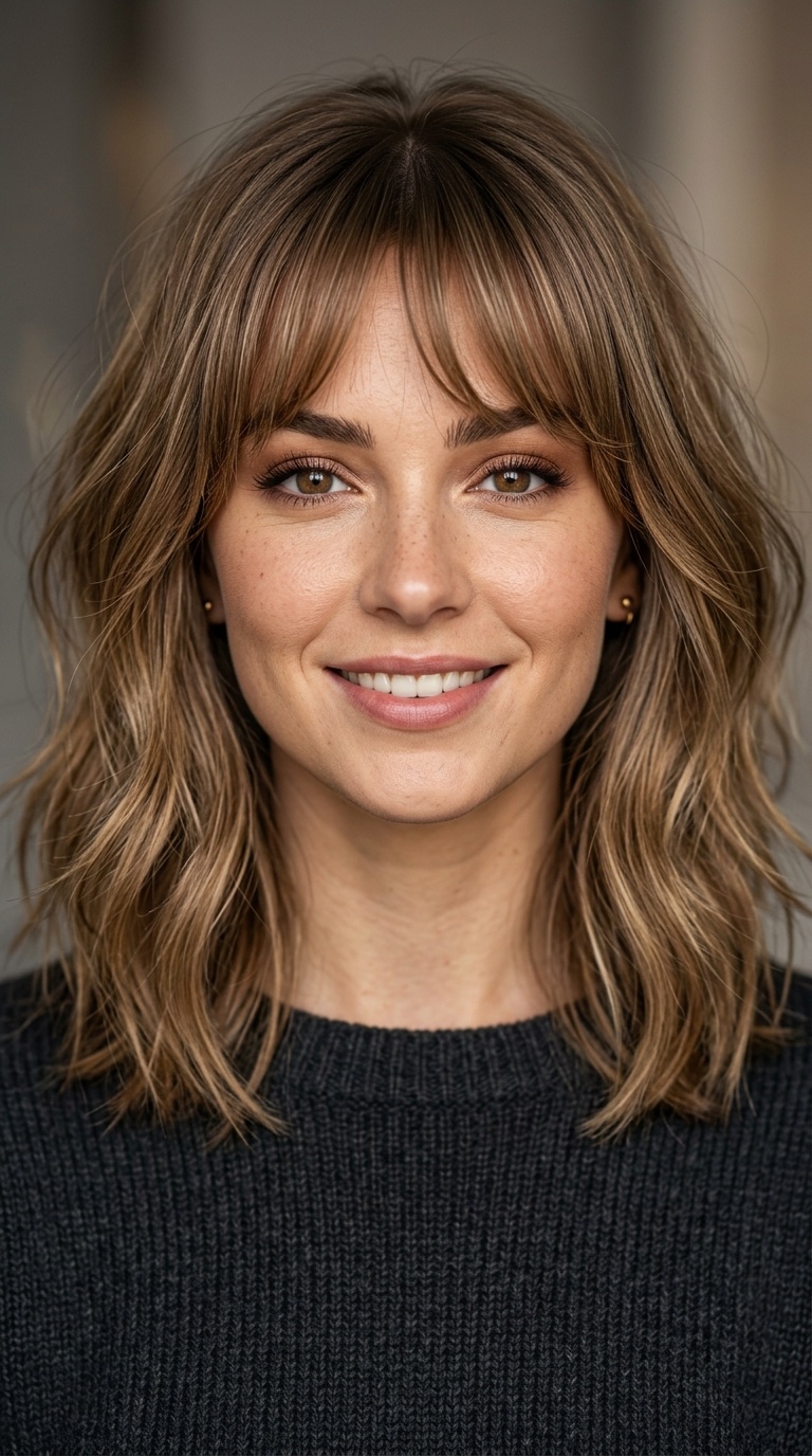 Shoulder-Length Lob with Soft Fringe