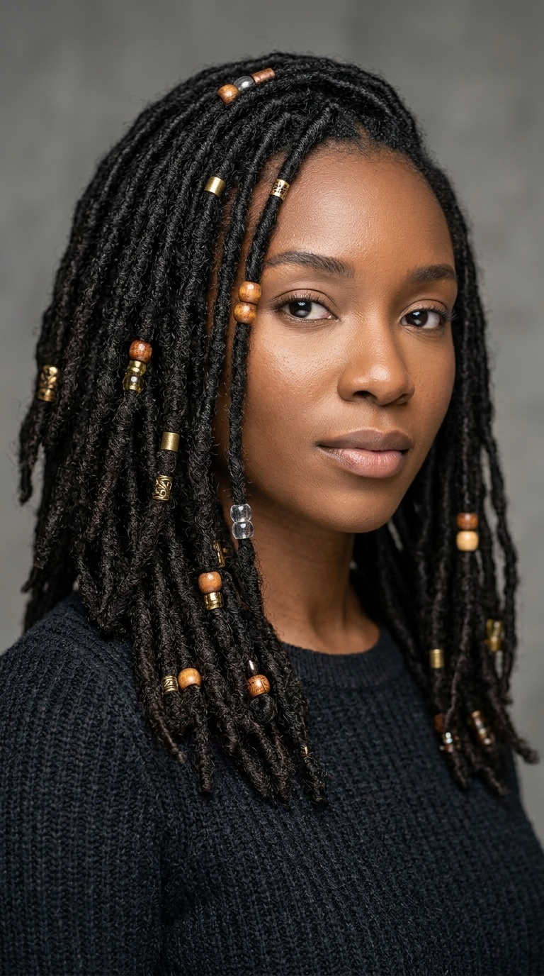 Shoulder-Length Locs with Beads