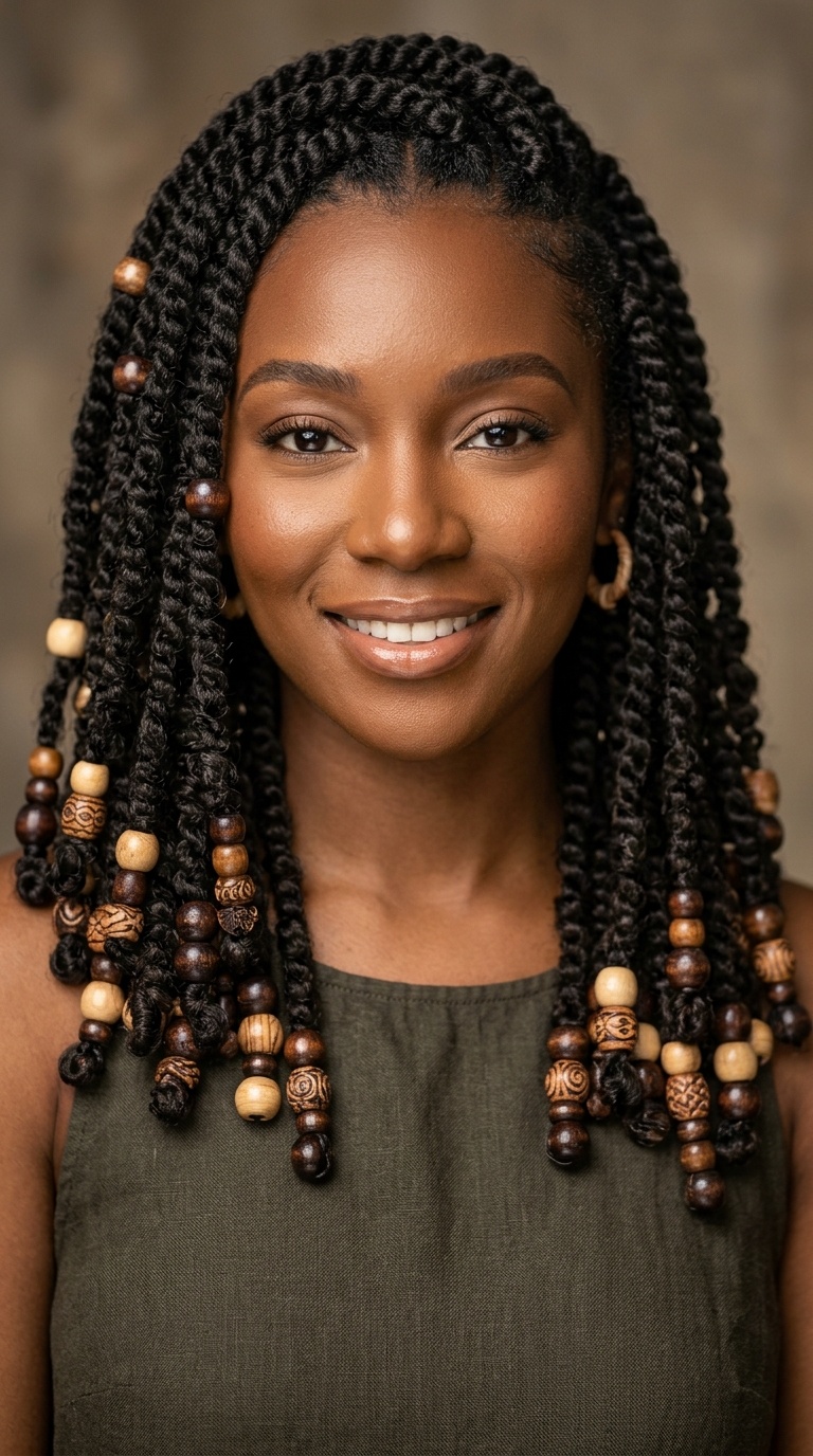 Shoulder-Length Passion Twists with Wooden Beads