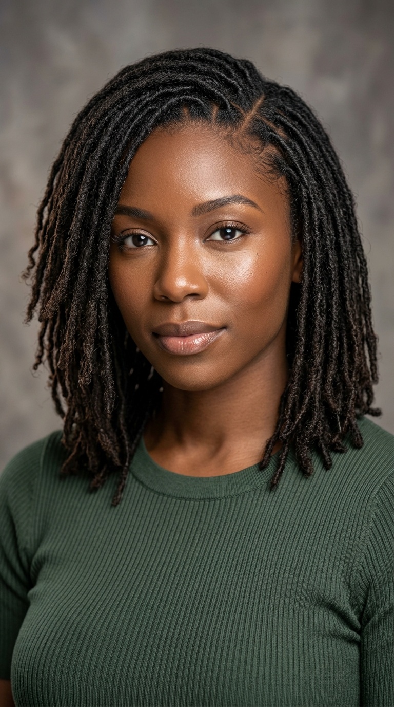 Shoulder-Length Sisterlocks with Deep Side Part