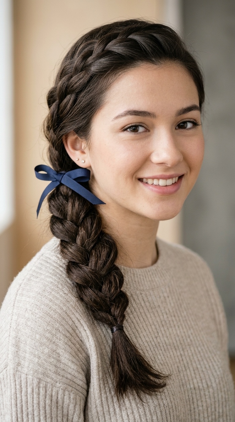 Side Braid with a Ribbon
