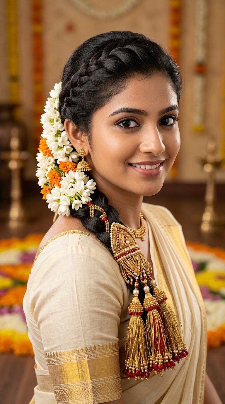 Side Braid with Traditional Kunjalam (Tassels)