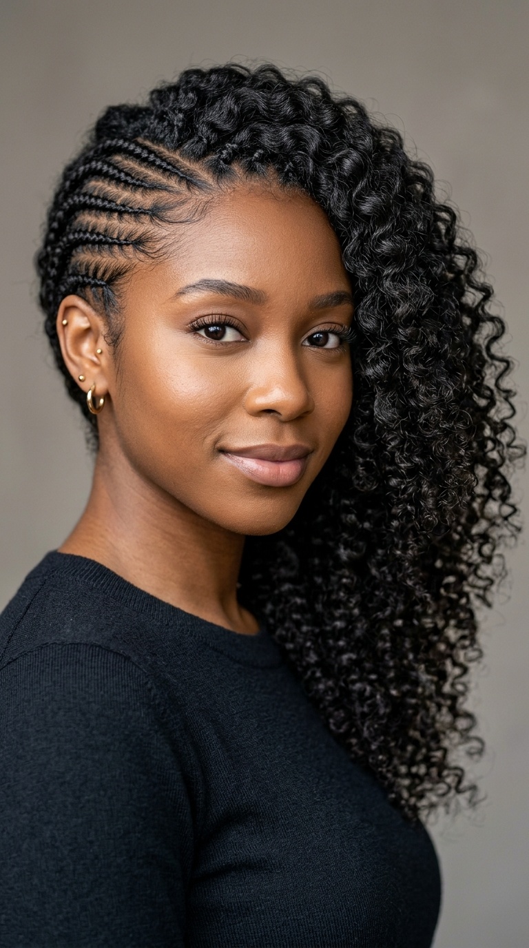 Side Cornrows with Voluminous Side-Swept Curls