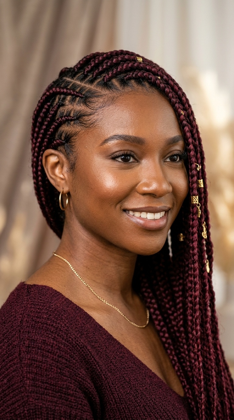 Side-Parted Burgundy Lemonade Braids