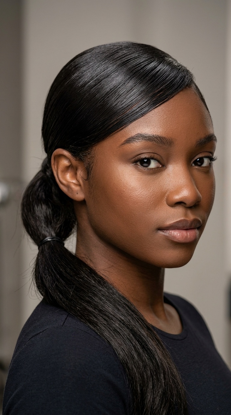 Side-Parted Low Pony with Sculpted Swoop