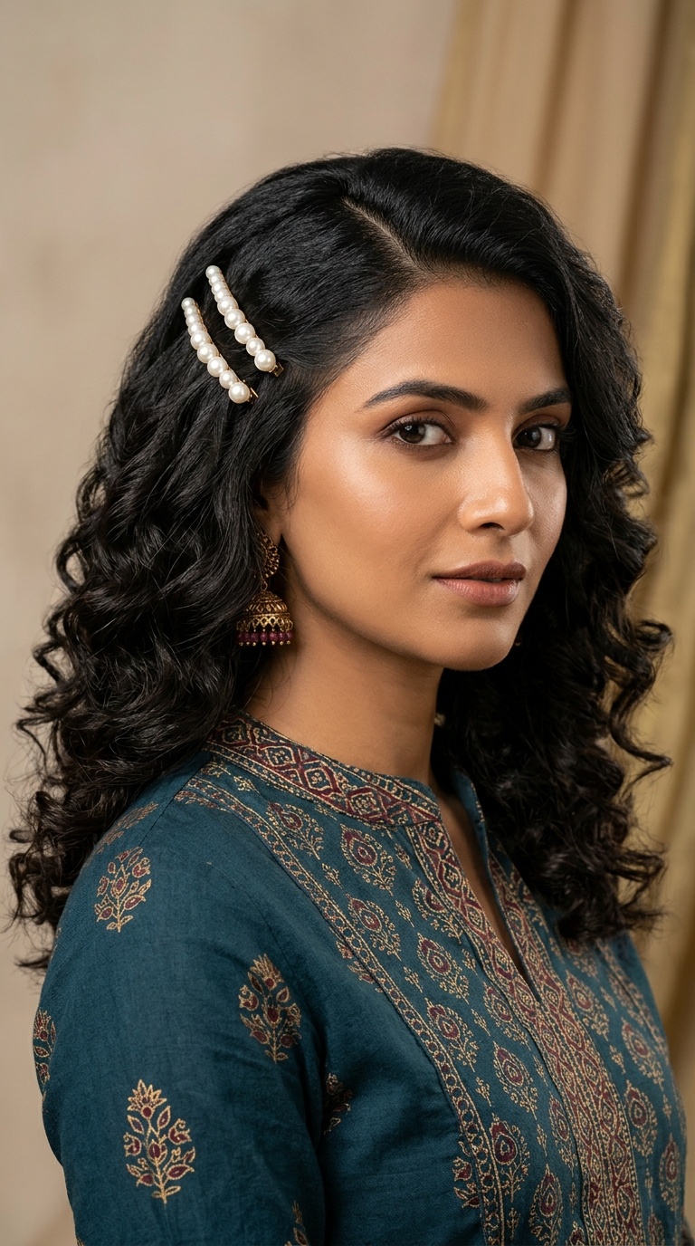 Side-Parted Soft Curls with Pearl Clips