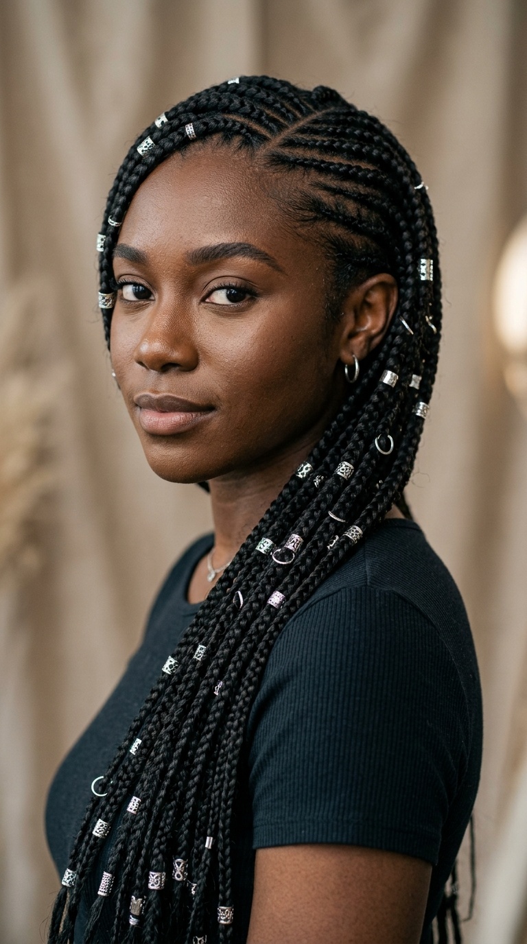 Side-Parted Tribal Braids with Silver Rings