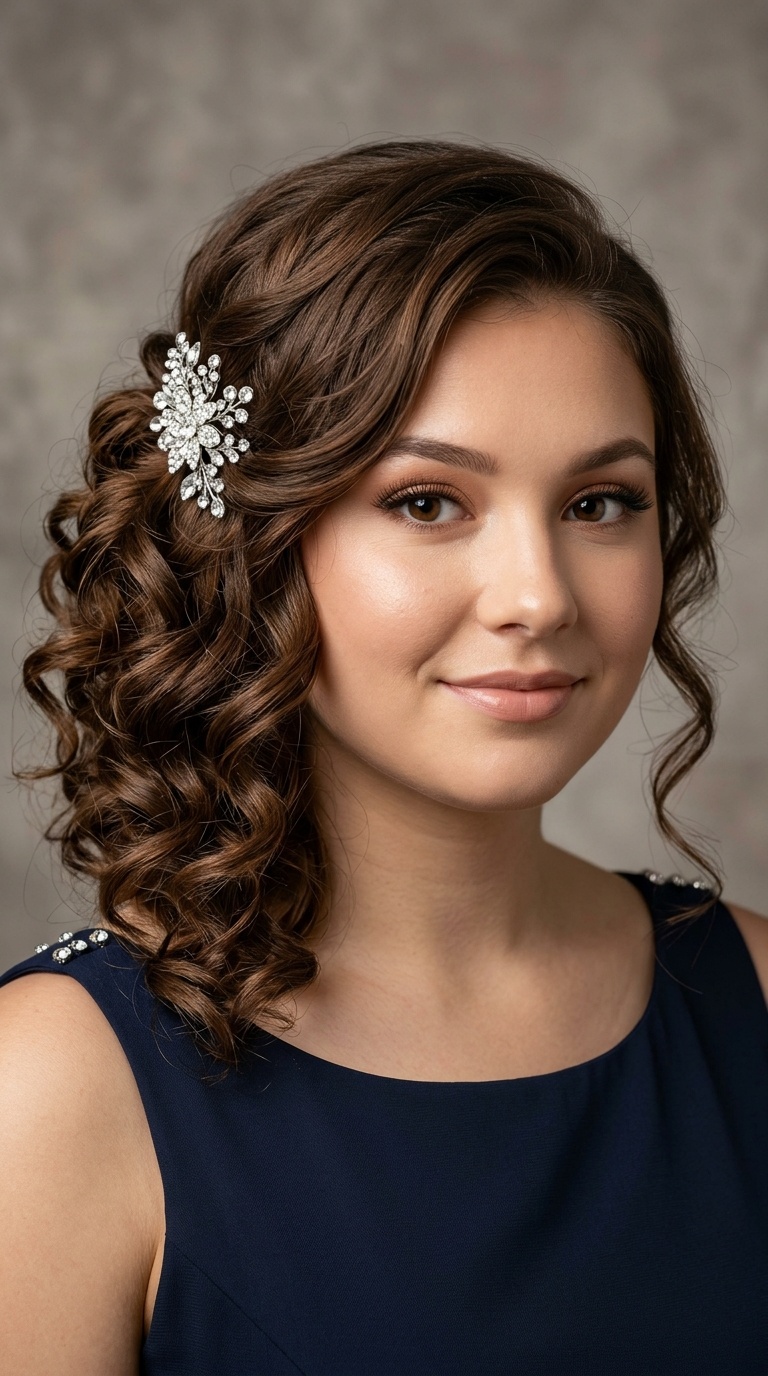Side-Pinned Curls with a Sparkling Clip