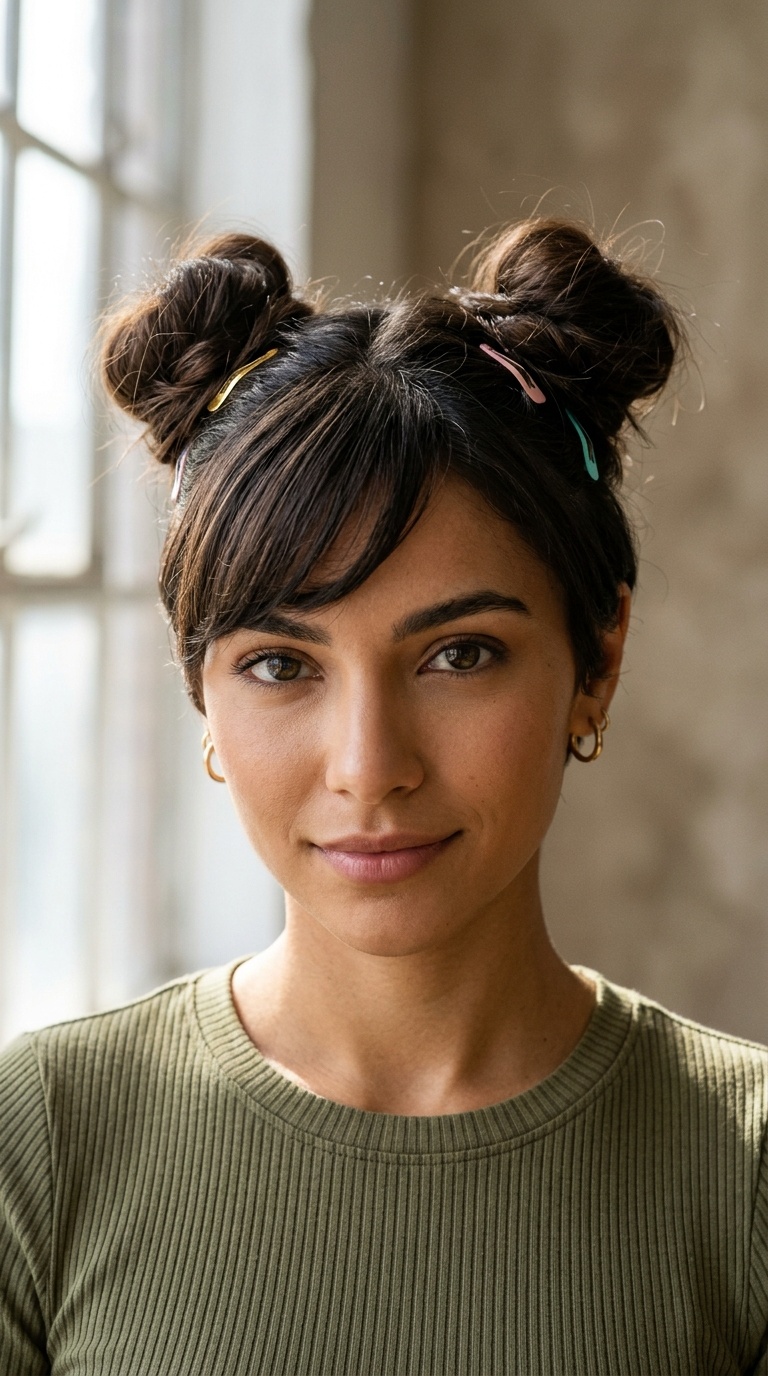 Side-Swept Bangs and High Space Buns