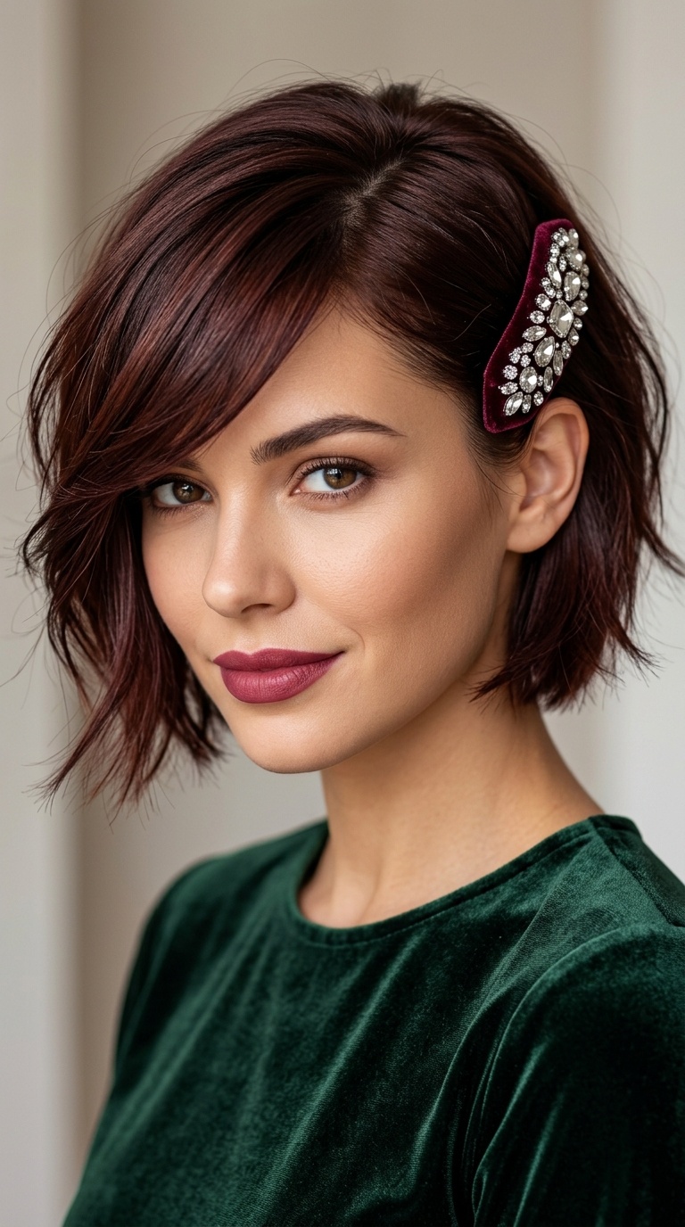 Side-Swept Bangs with a Bejeweled Velvet Clip