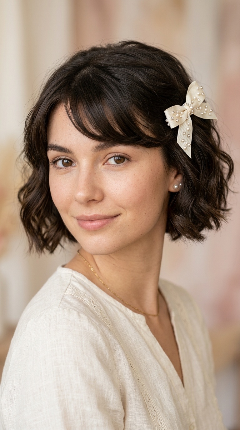 Side-Swept Bangs with a Pearl-Embellished Bow