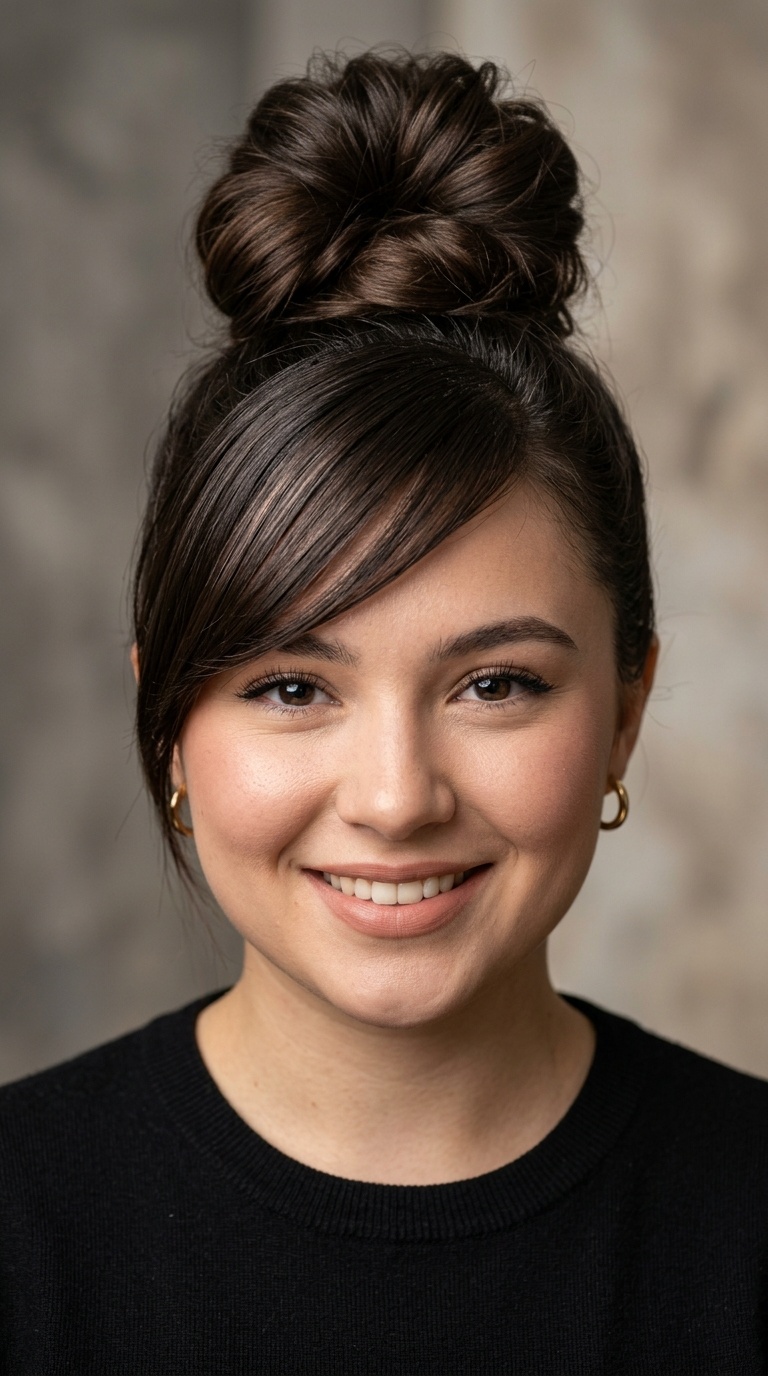 Side-Swept Bangs with High Bun