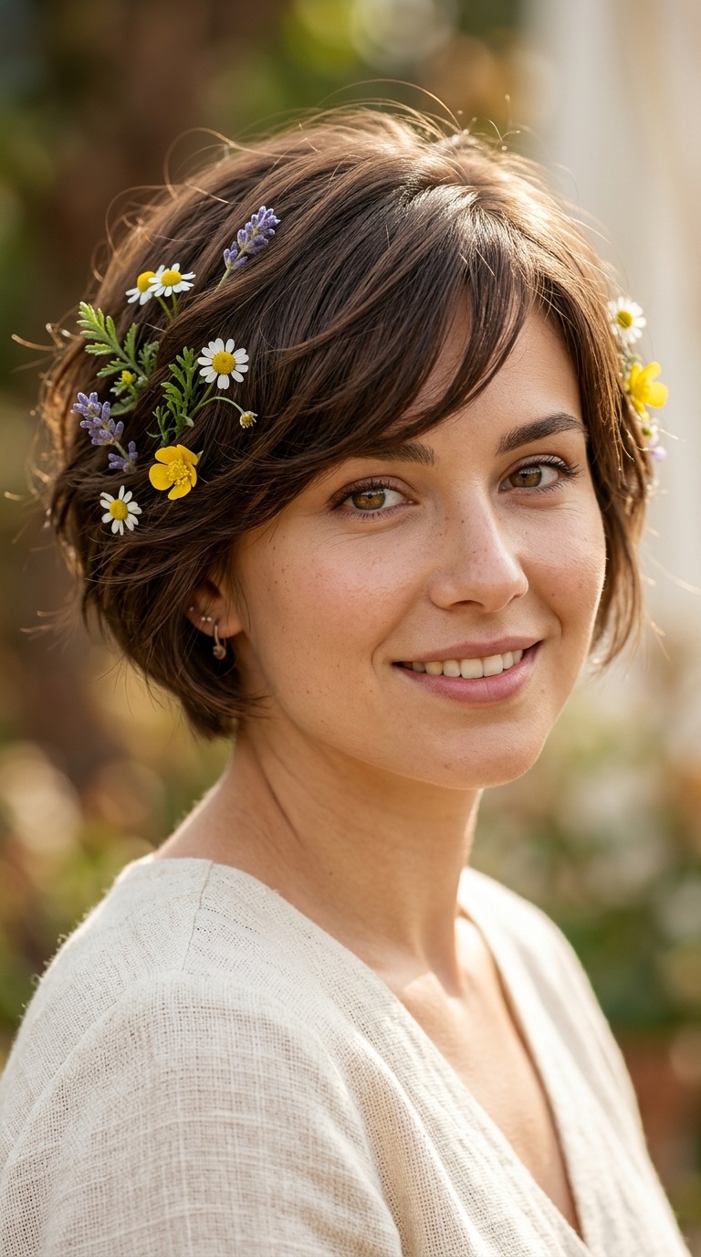 Side-Swept Bangs with Wildflowers