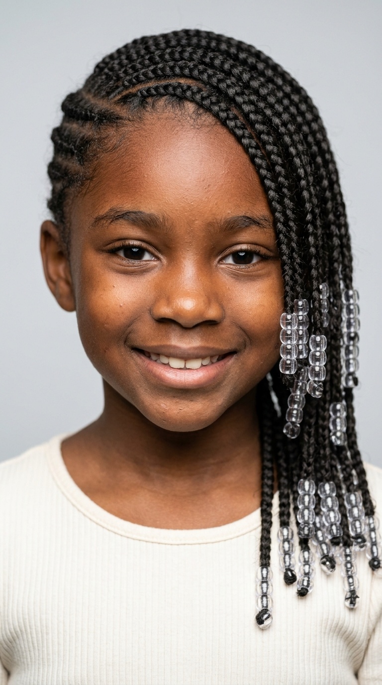 Side-Swept Box Braids with Clear Beads