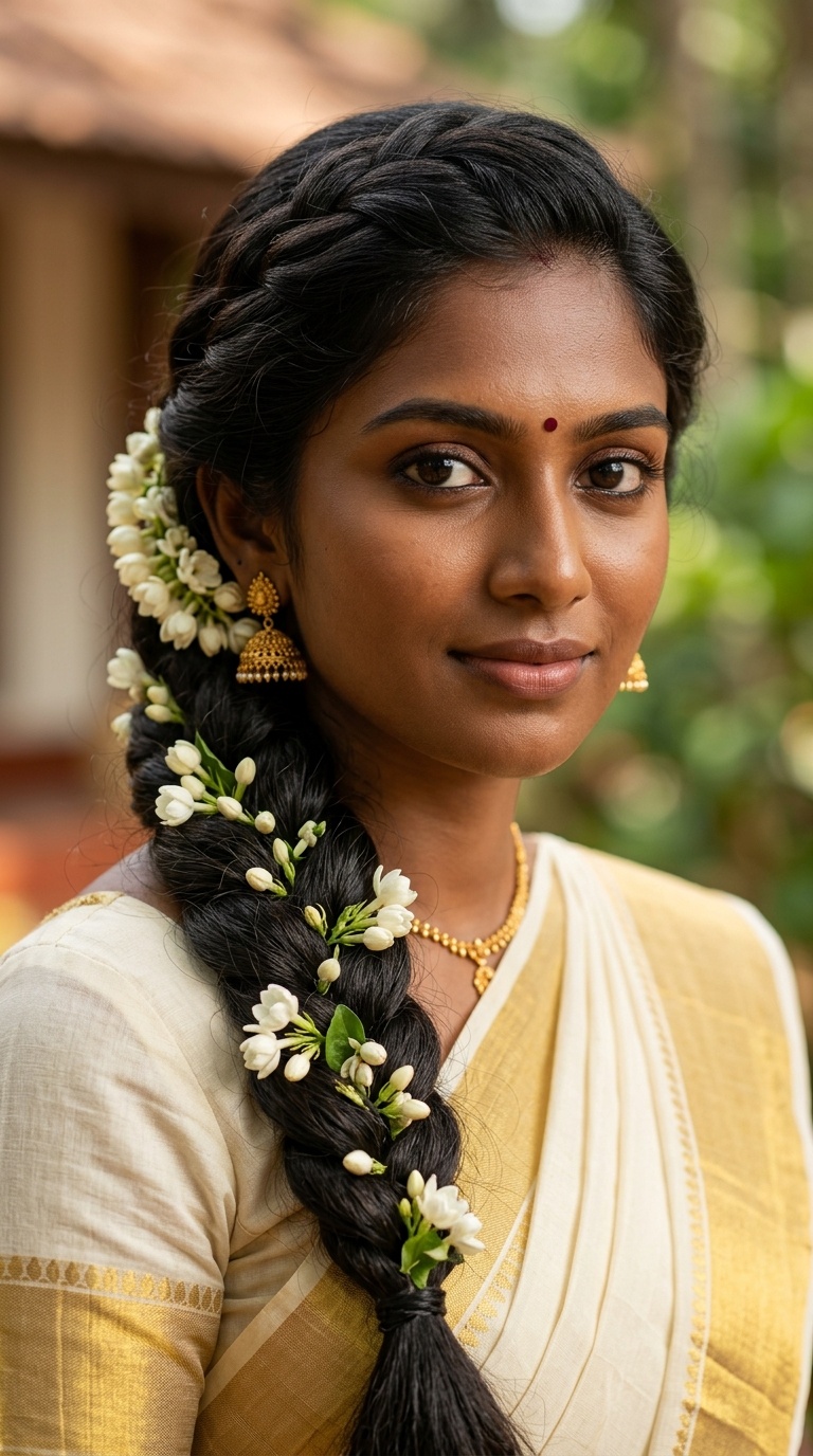 Side-Swept Braid with Jasmine Intertwined