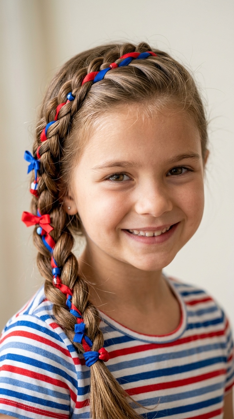 Side-Swept Braid with Red and Blue Accents
