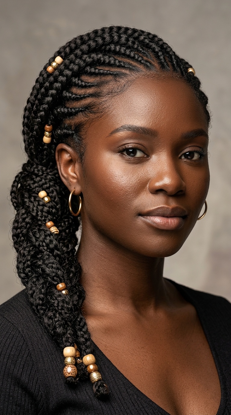 Side-Swept Braided Ponytail with Beads