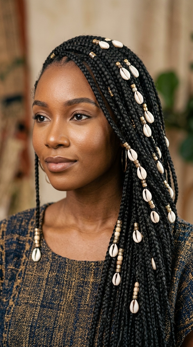 Side-Swept Braids with Cowrie Shell Accents