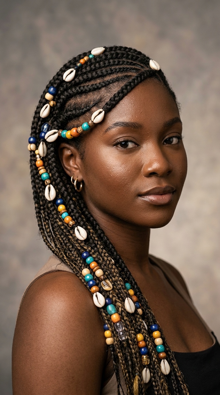 Side-Swept Braids with Cowrie Shells and Beads