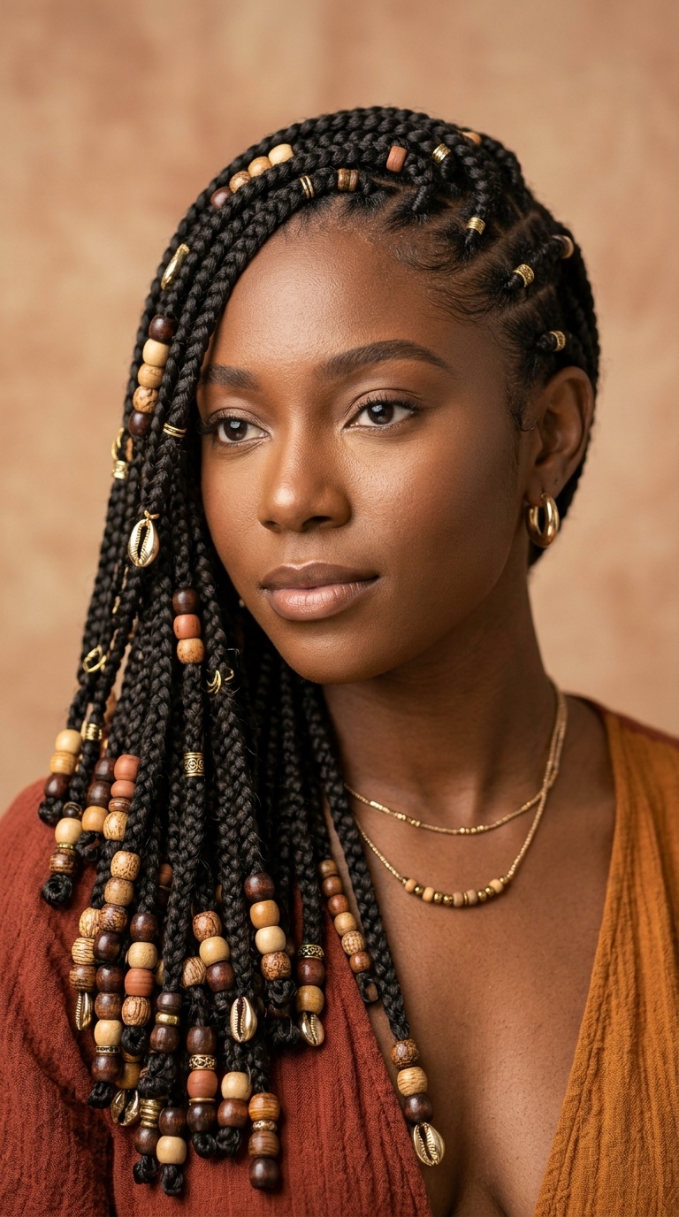 Side-Swept Braids with Earth-Toned Beads