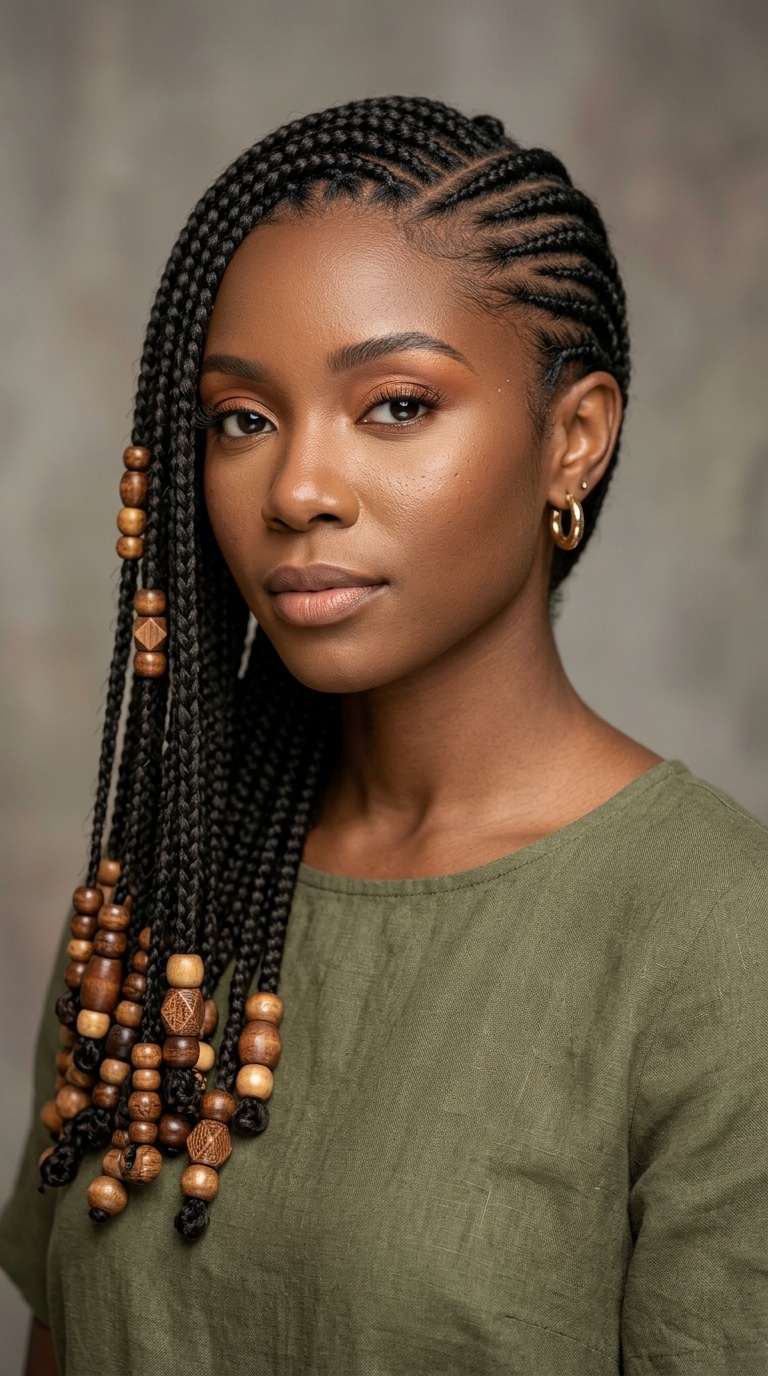 Side-Swept Braids with Earthy Wooden Beads