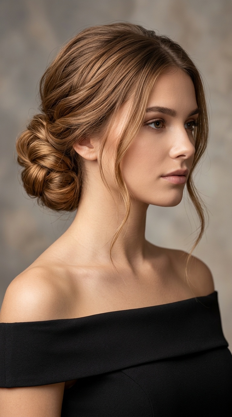 Side-Swept Chignon for Off-the-Shoulder Gowns