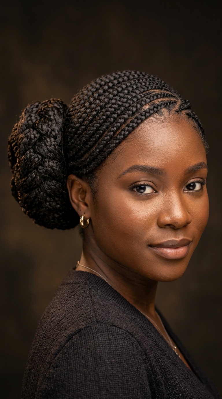 Side-Swept Cornrows with a Braided Donut