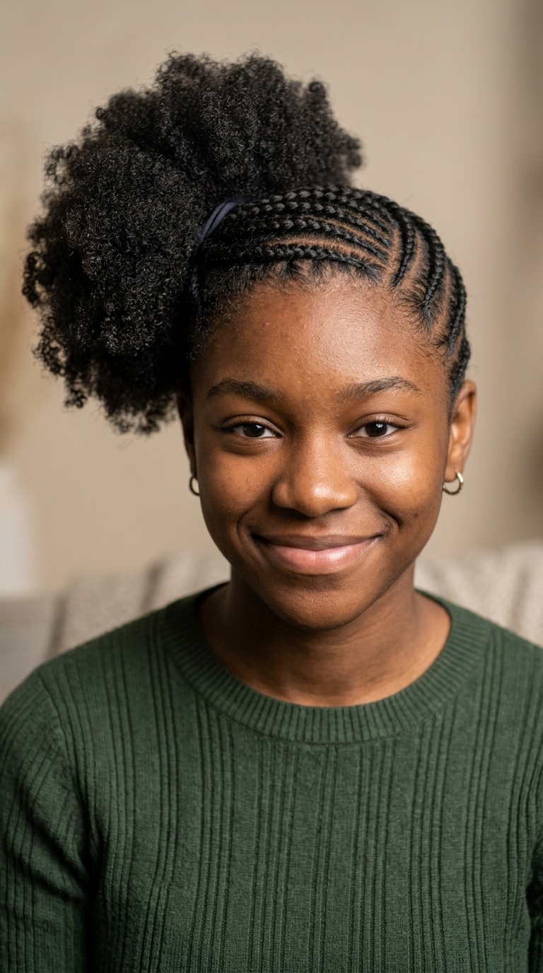 Side-Swept Cornrows with Afro Puff
