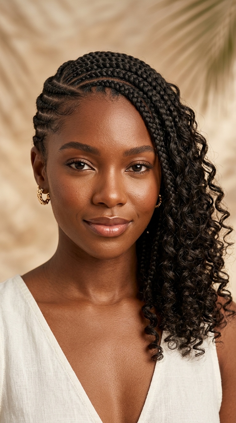 Side-Swept Cornrows with Loose Curls