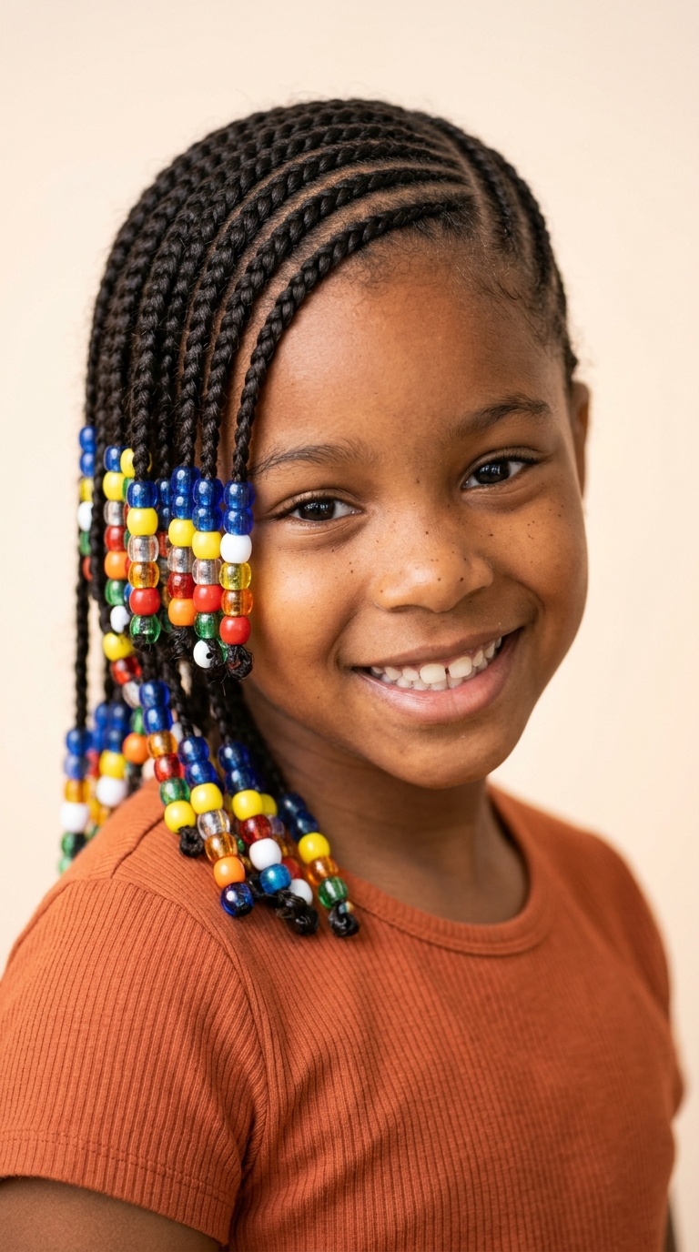 Side-Swept Cornrows with Multi-Colored Beads